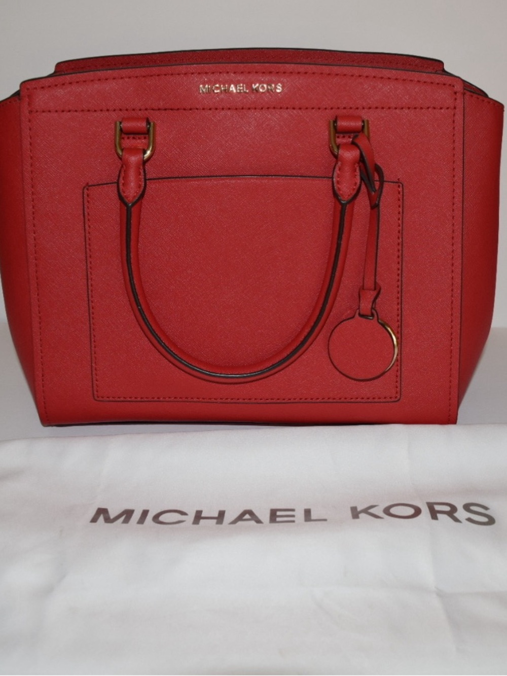 Michael Kors Red Saffiano Satchel with Gold-Tone Trim